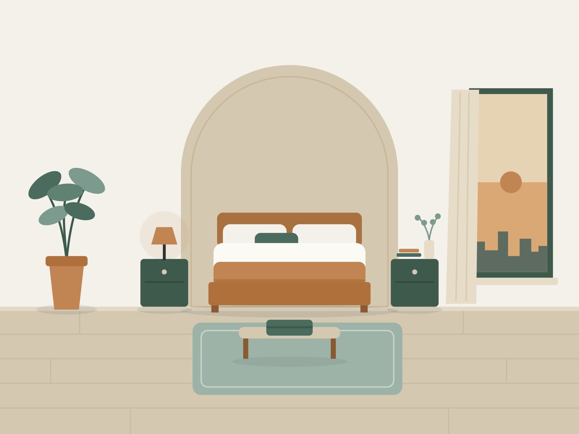 Ilustración de un dormitorio con alcoba en arco y luz cálida
