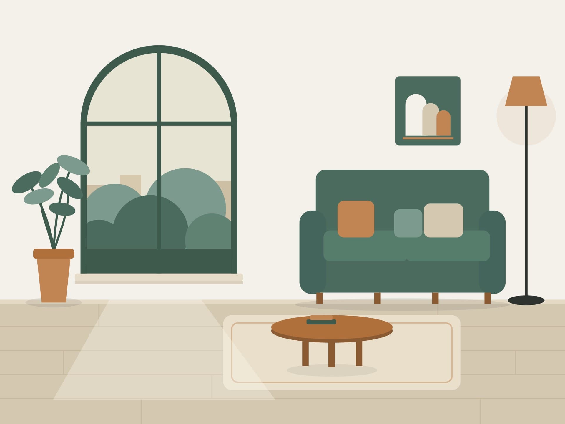 Ilustración de una sala con ventana en arco y sofá verde salvia